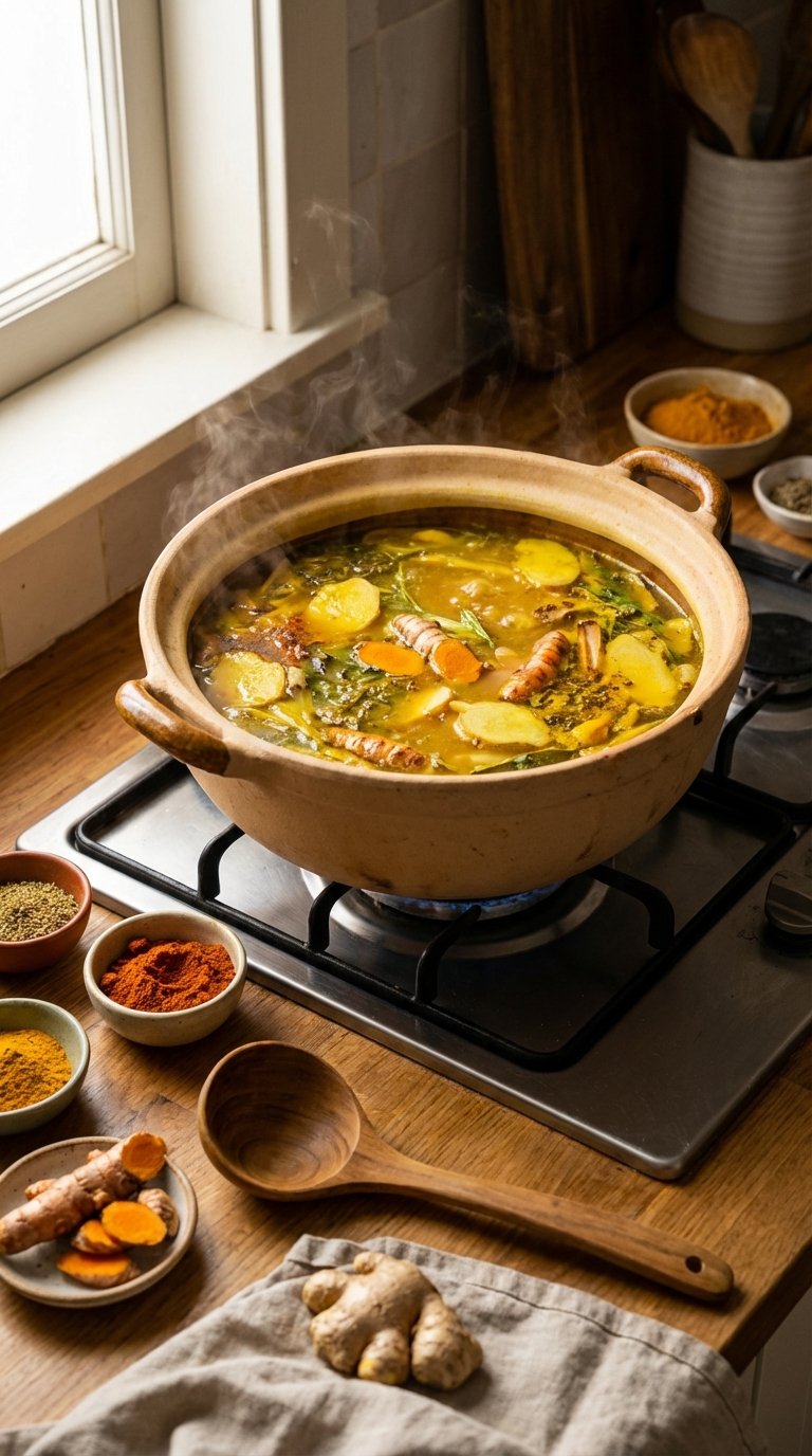 Simmering pot of ginger and yellow spice infused healing broth