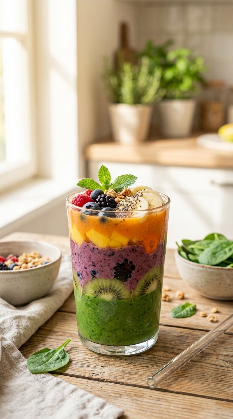 Aesthetically pleasing layered healthy smoothie recipe with chia seeds in a glass cup