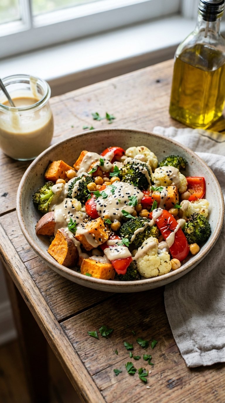 Creamy sesame tahini dressing drizzled over roasted ant inflammatory meals