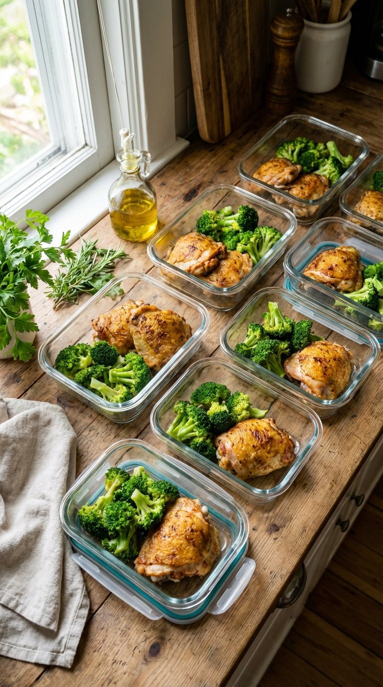 Meal prep containers filled with roasted chicken and broccoli ready for a keto diet weekly plan
