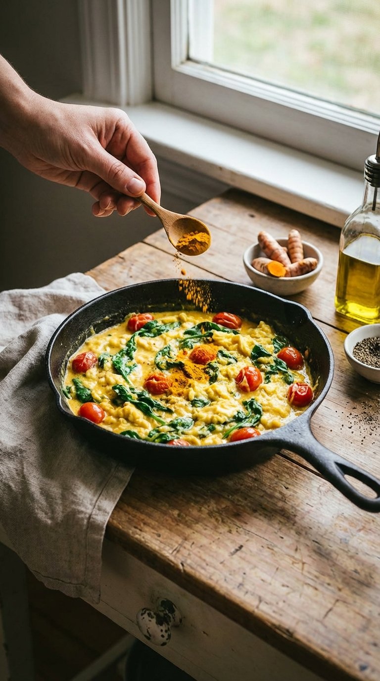 A small spoon sprinkling yellow dust over scrambled eggs in a pan