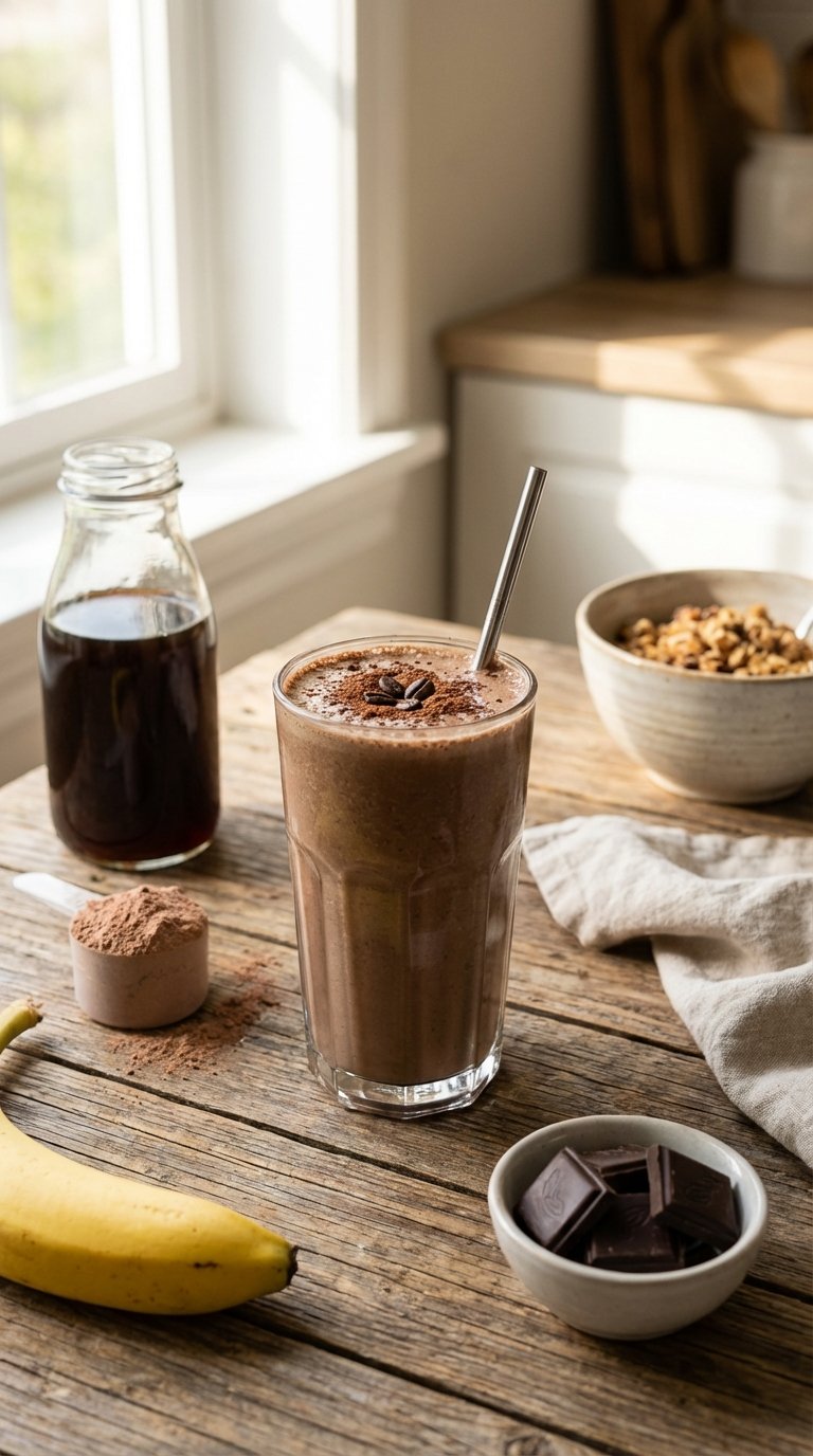 Mocha muscle builder chocolate protein healthy smoothie recipe for post-workout