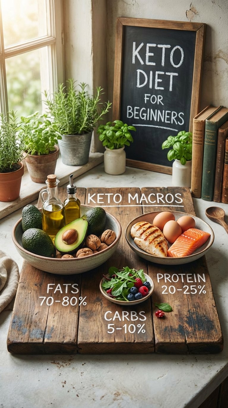 A visual chart explaining the daily macronutrient percentages for a keto diet for beginners