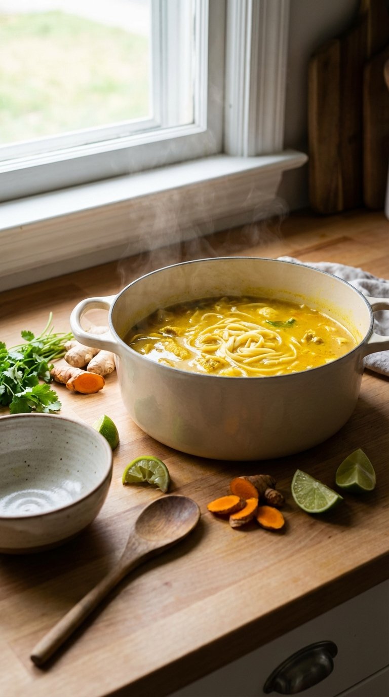 A simmering pot of golden yellow chicken noodle soup