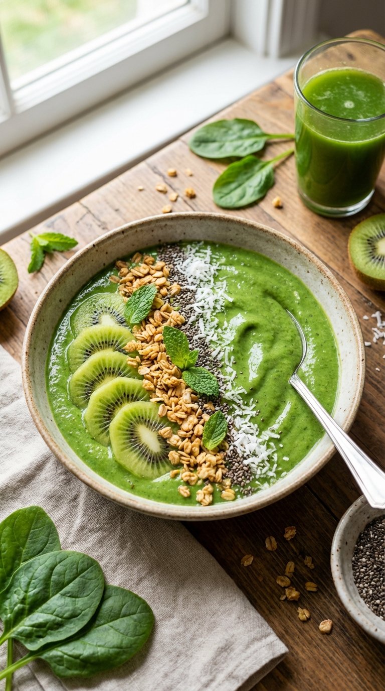 Thick green kiwi avocado healthy smoothie recipe bowl topped with granola