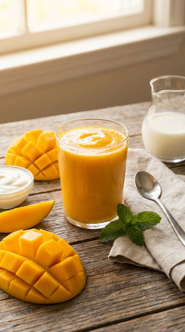 Three-ingredient tropical mango healthy smoothie recipe served chilled