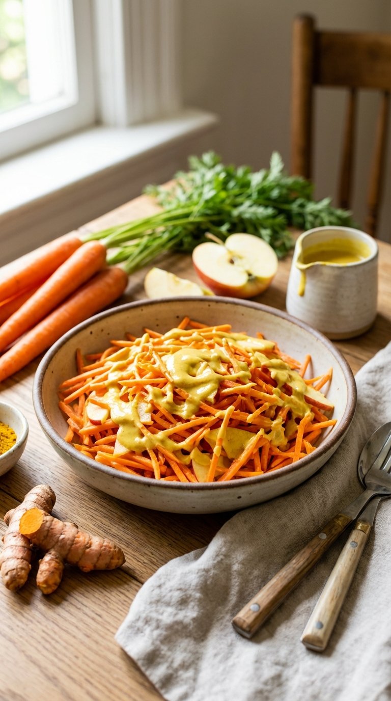 A vibrant raw carrot and apple slaw with golden dressing