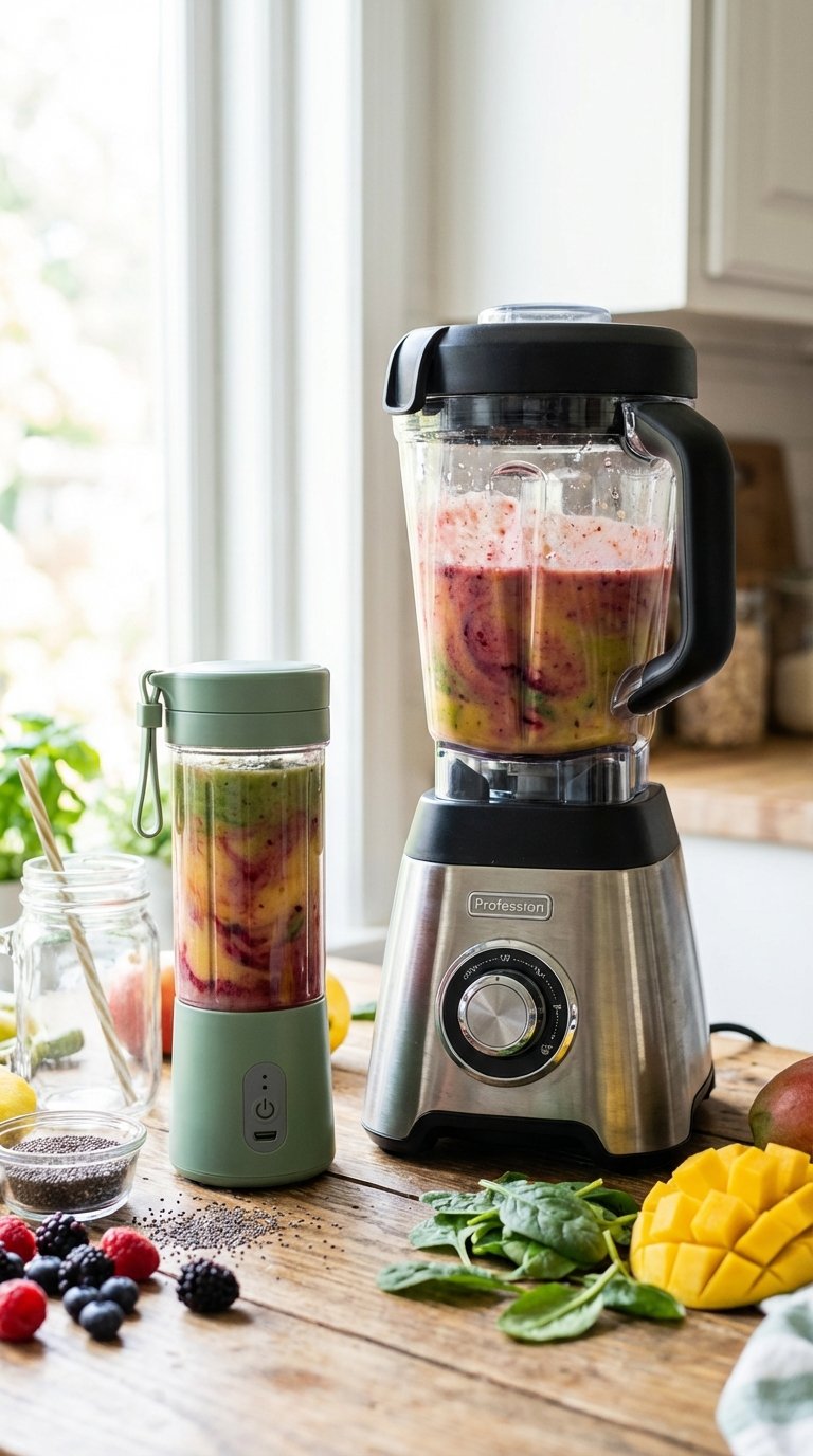 High-powered blender and portable USB blender preparing homemade healthy smoothie recipes
