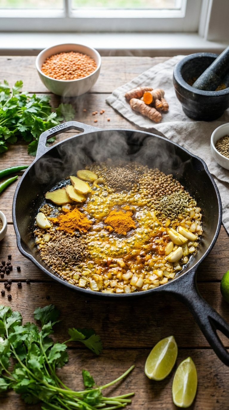 Blooming yellow spices in a skillet to create potent ant inflammatory meals