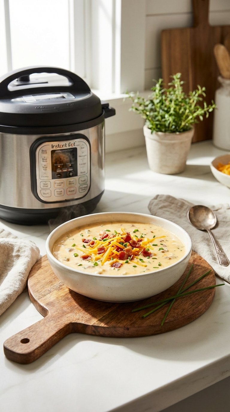 A steaming bowl of creamy cheeseburger soup next to an electric pressure cooker for quick keto meals