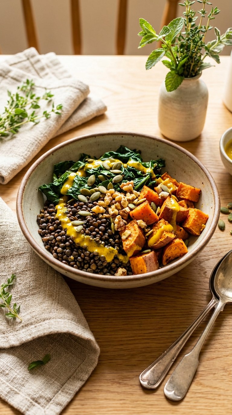 A bowl featuring high fiber ant inflammatory meals like lentils and sweet potatoes