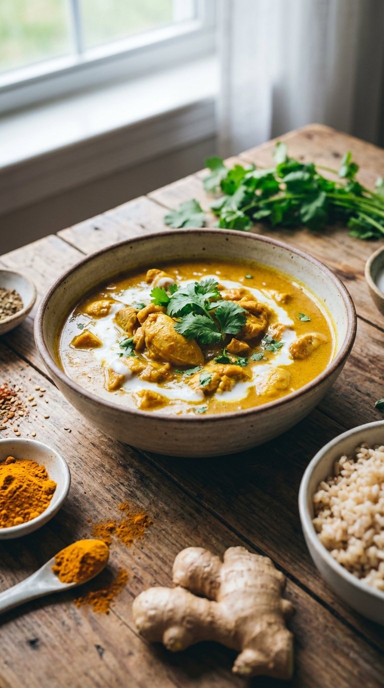 Golden coconut chicken curry representing hearty ant inflammatory meals
