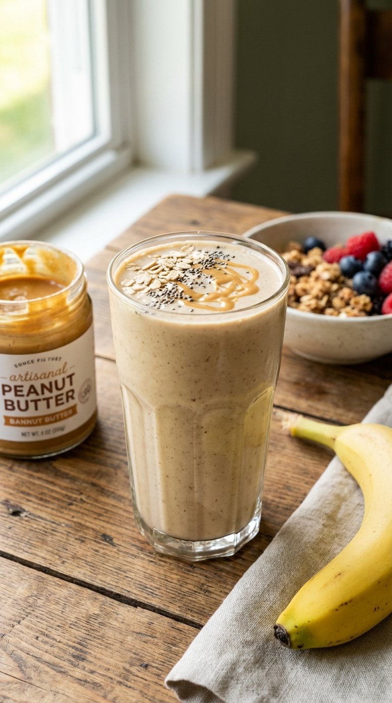 Peanut butter meal replacement healthy smoothie recipe for busy afternoons