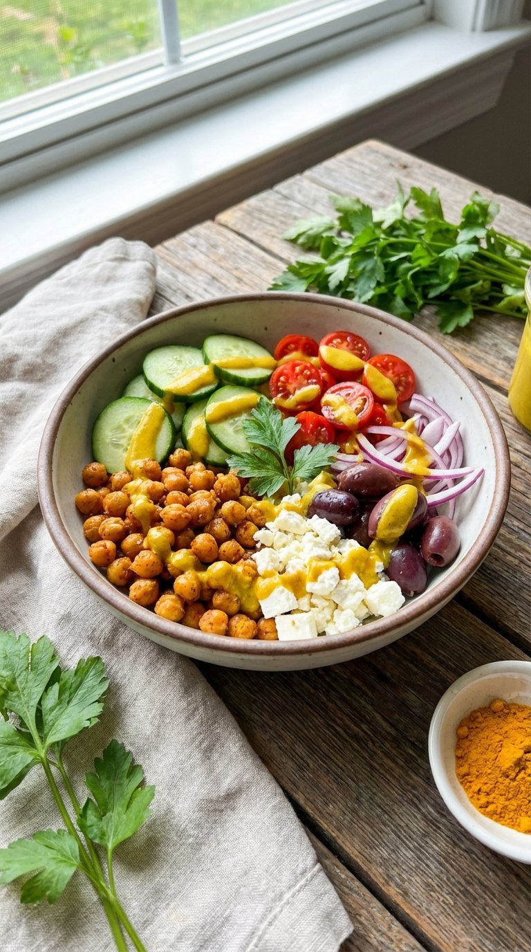 Mediterranean chickpea bowl topped with a yellow spiced dressing