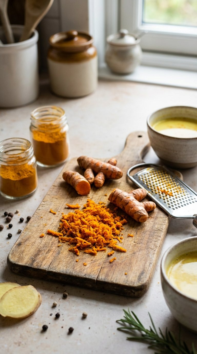 Freshly grated orange root on a wooden cutting board