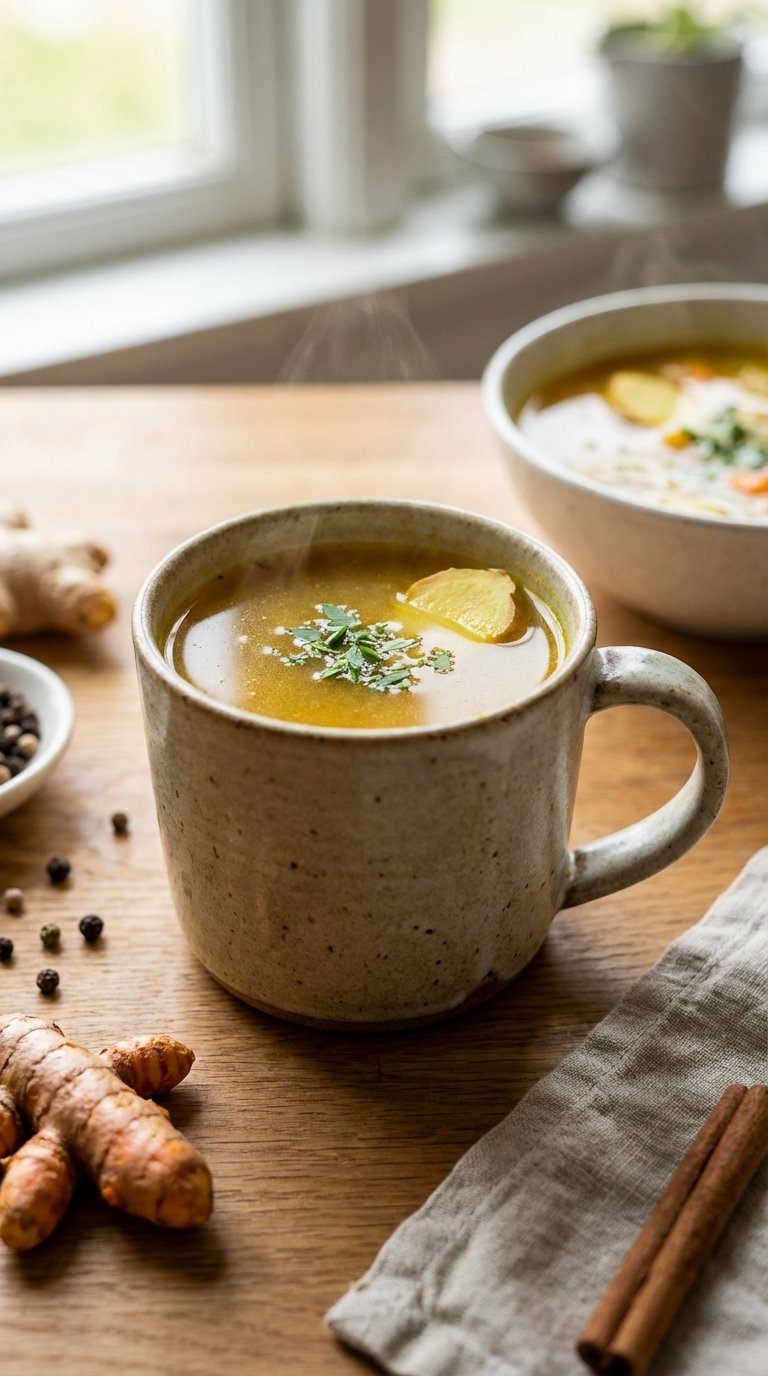 A steaming mug of golden broth functioning as a liquid ant inflammatory meal