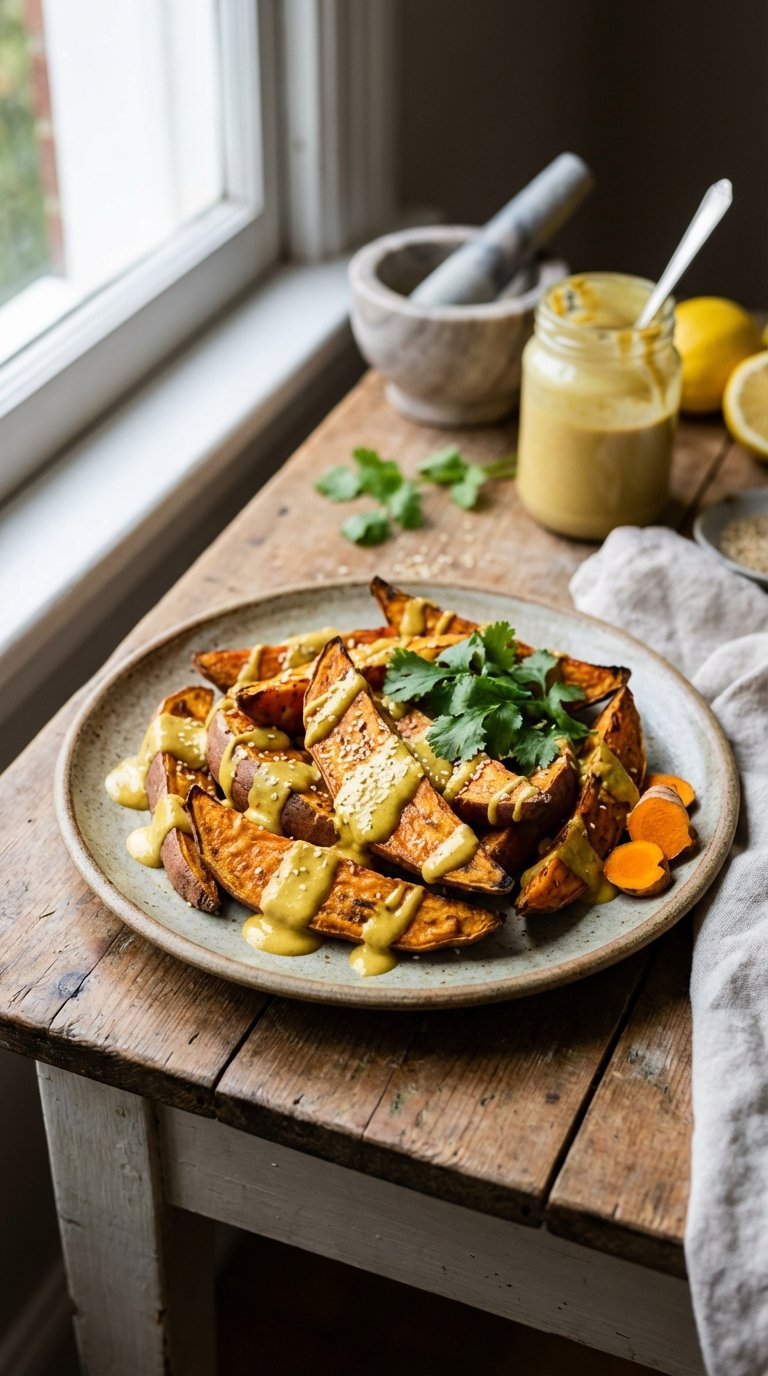 Creamy yellow tahini dressing drizzled over roasted sweet potatoes