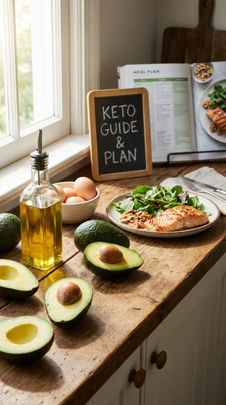 Fresh green avocados and olive oil on a kitchen counter for a starting keto diet meal plan