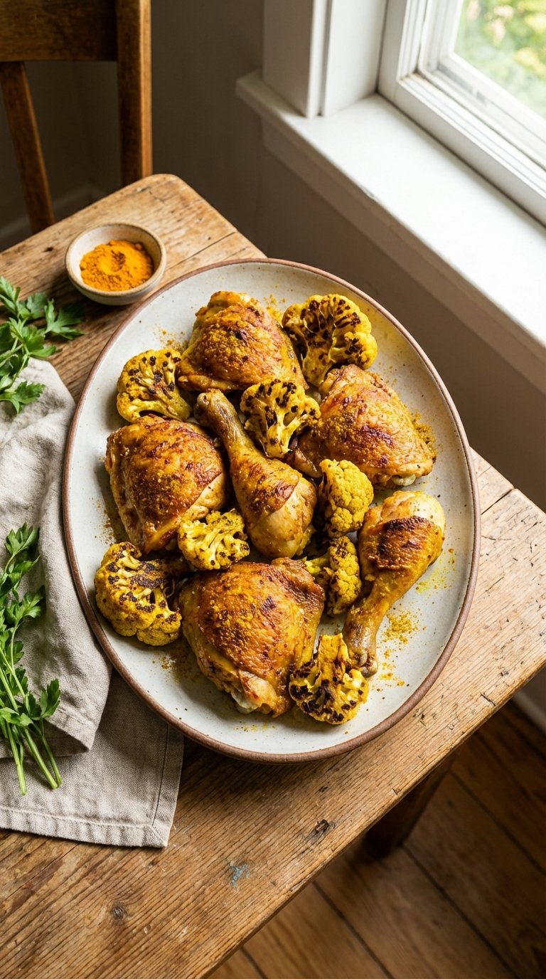 Roasted chicken and cauliflower seasoned with bright yellow spices