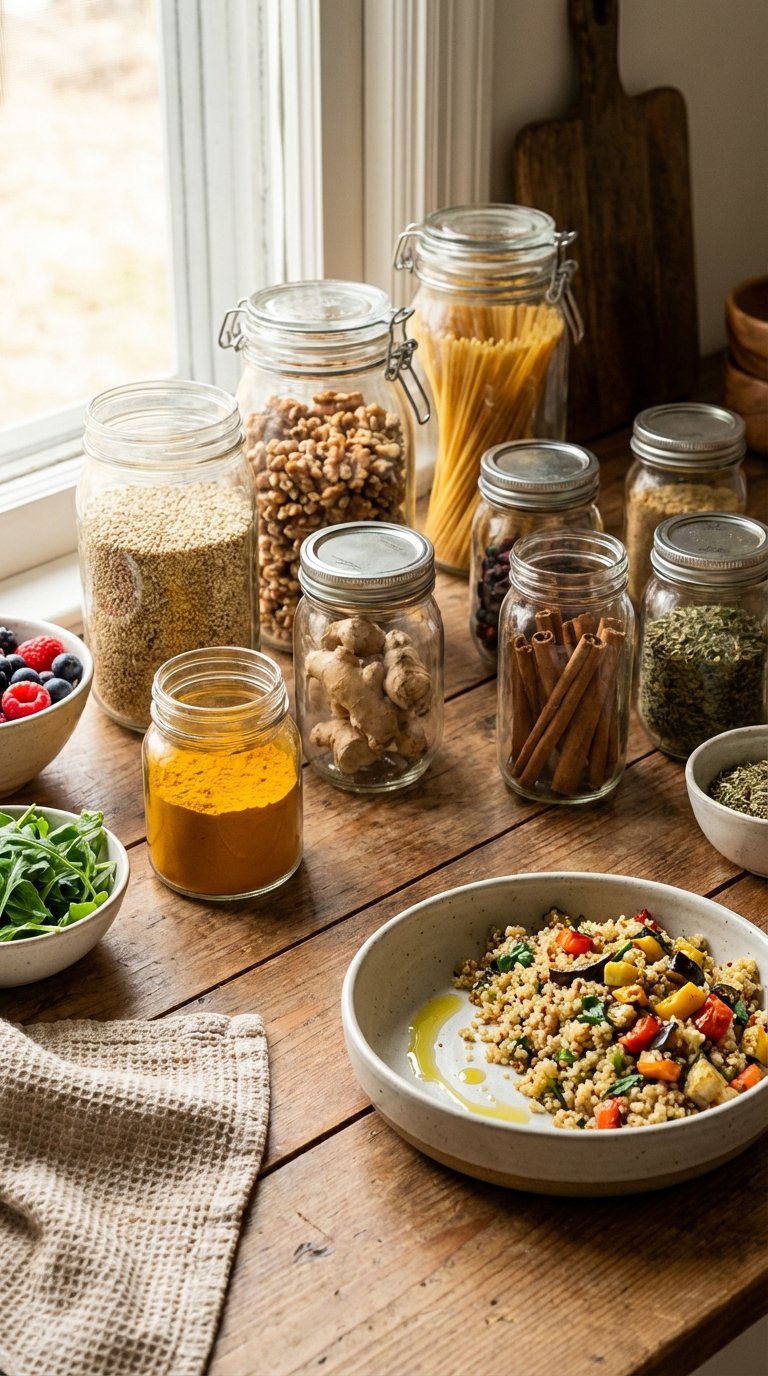 Pantry staples for ant inflammatory meals including jars of quinoa, walnuts, and spices