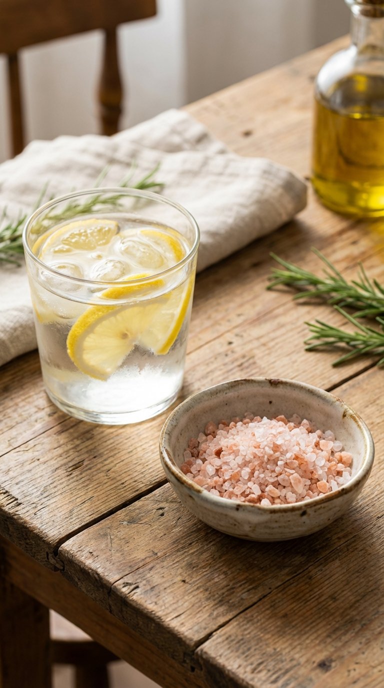 A glass of water with lemon and pink Himalayan sea salt to replenish electrolytes on a keto diet