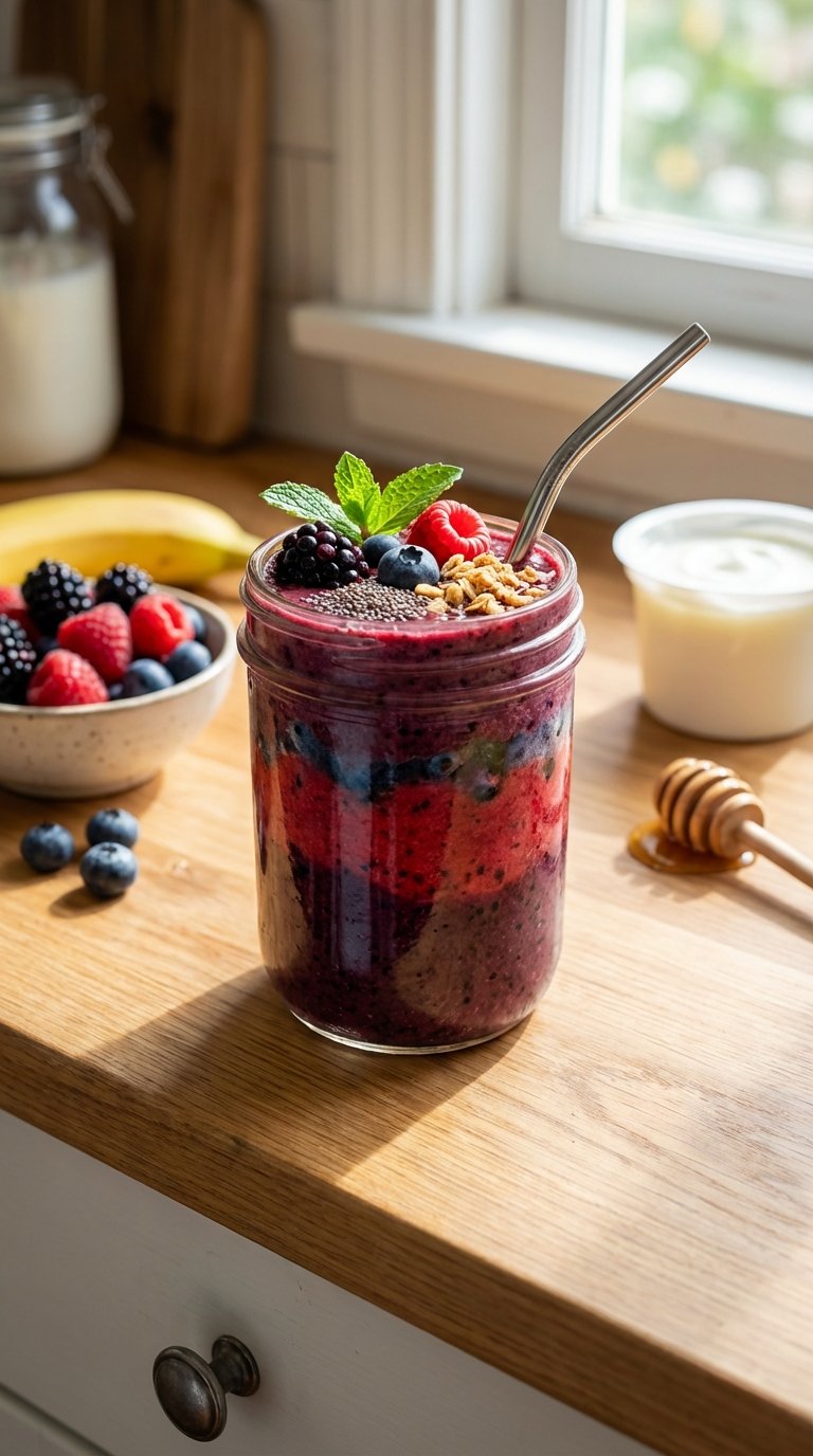 Mixed berry breakfast healthy smoothie recipe in a tall glass with fresh fruit