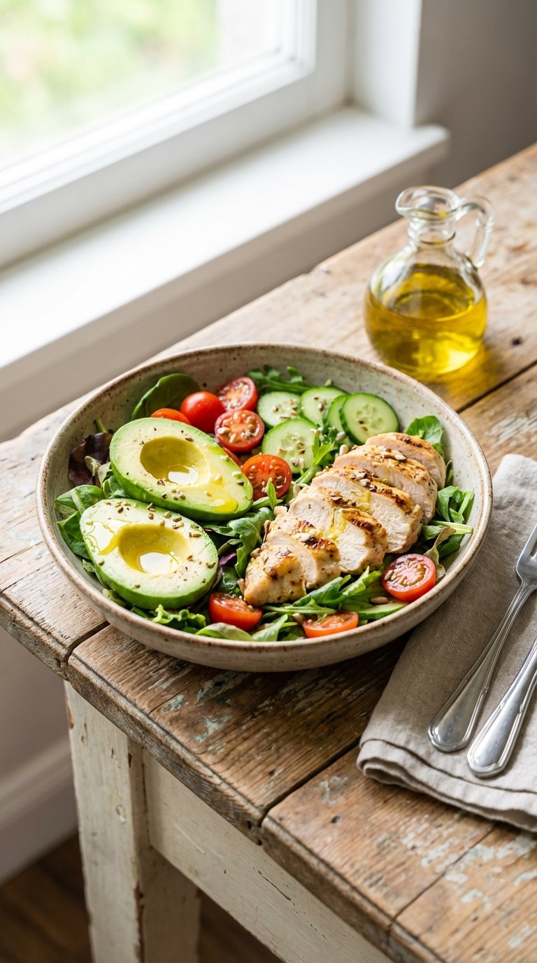 A fresh salad bowl with grilled chicken, avocado, and olive oil dressing for a low carb lunch
