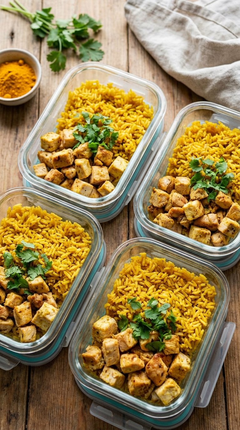 Glass containers filled with prepped yellow rice and roasted chicken for meal prep turmeric recipes