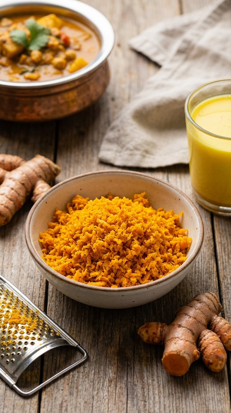 Finely grated raw turmeric ready to be used in hot meals