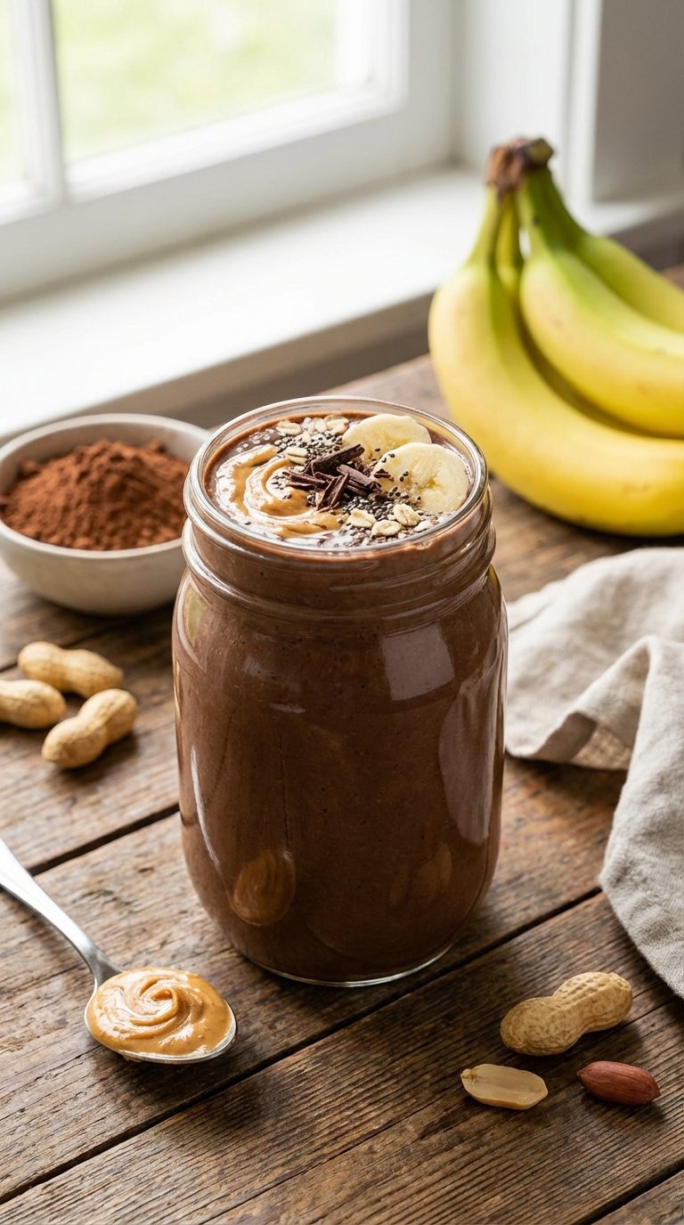 Rich dark chocolate peanut butter healthy smoothie recipe in a mason jar