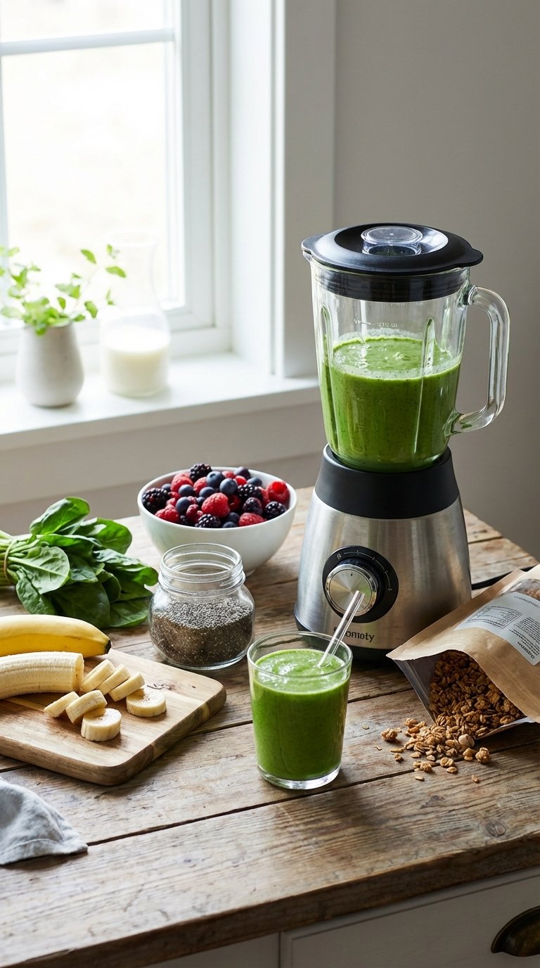 Fresh spinach, berries, and protein powder laid out for healthy smoothie recipes