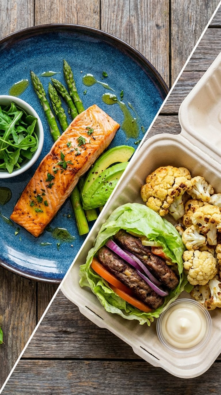 A split image comparing clean fresh salmon to a dirty keto fast food bunless burger