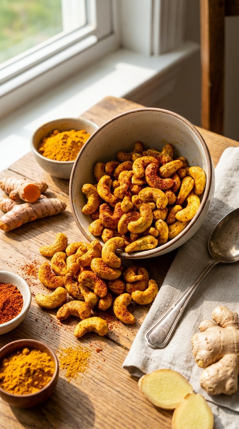 Roasted cashews coated in bright yellow and red spices