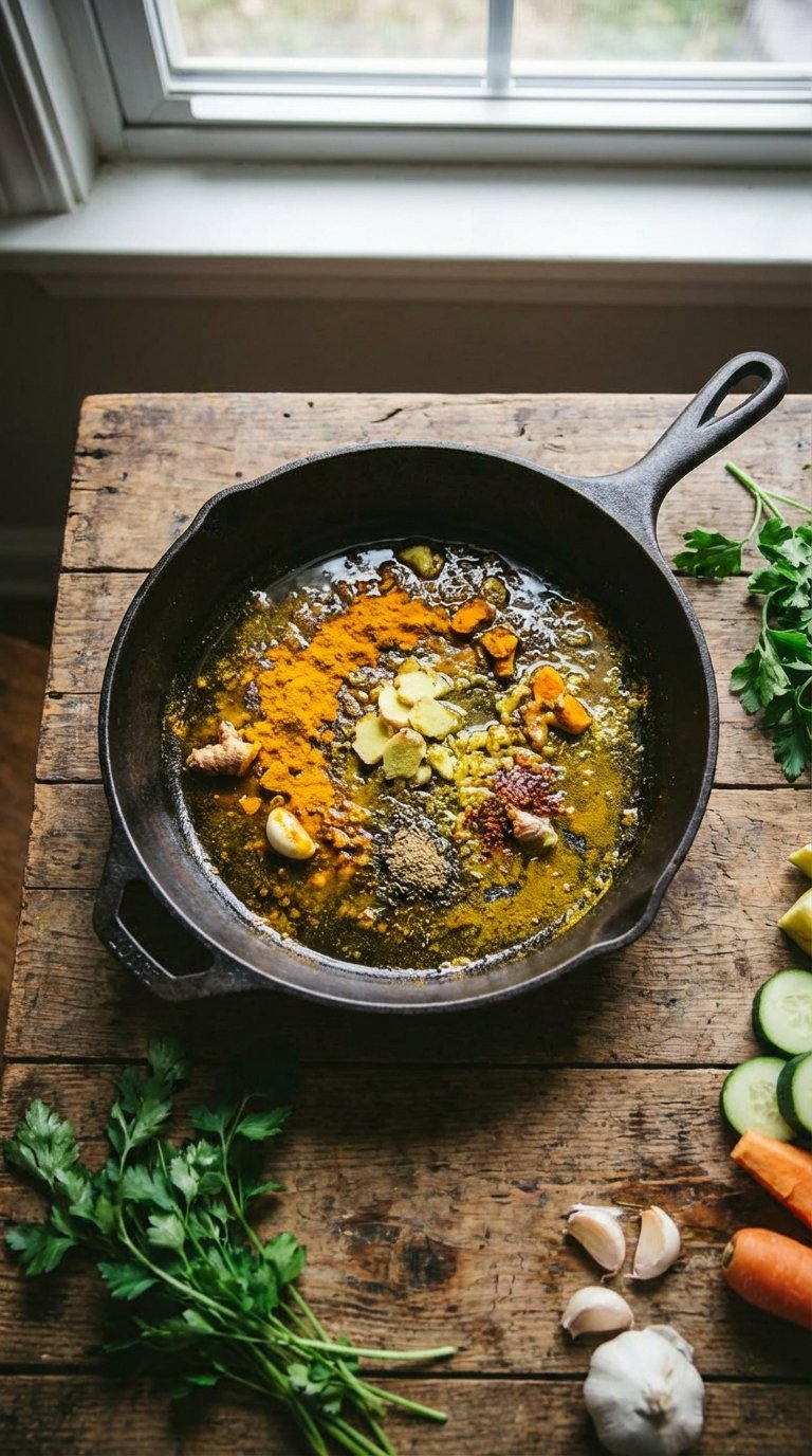 Blooming earthy spices for turmeric recipes in a warm skillet