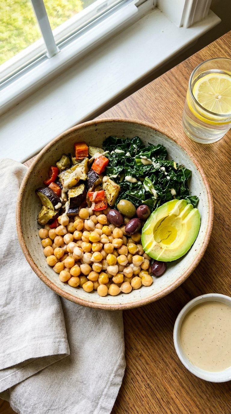 A Mediterranean bowl serving as a balanced ant inflammatory meal with chickpeas and olives