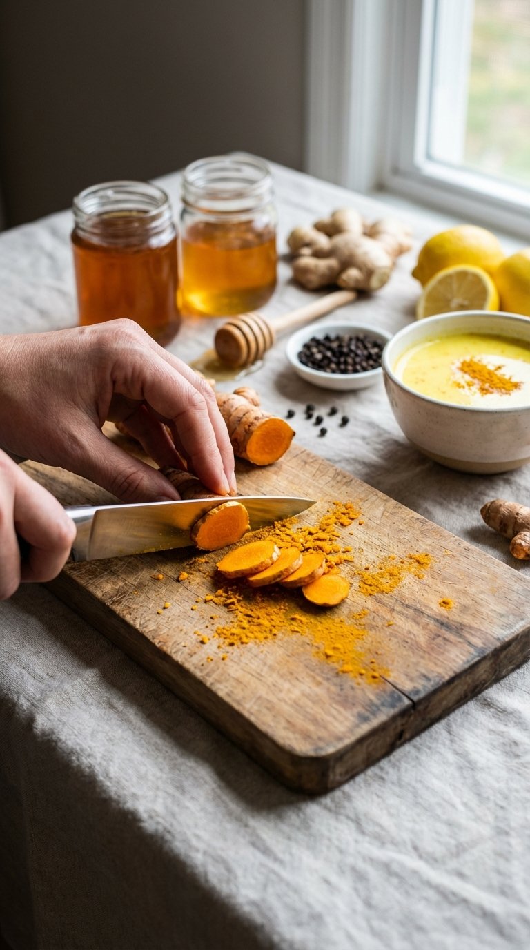 Slicing bright orange golden root on a wooden cutting board