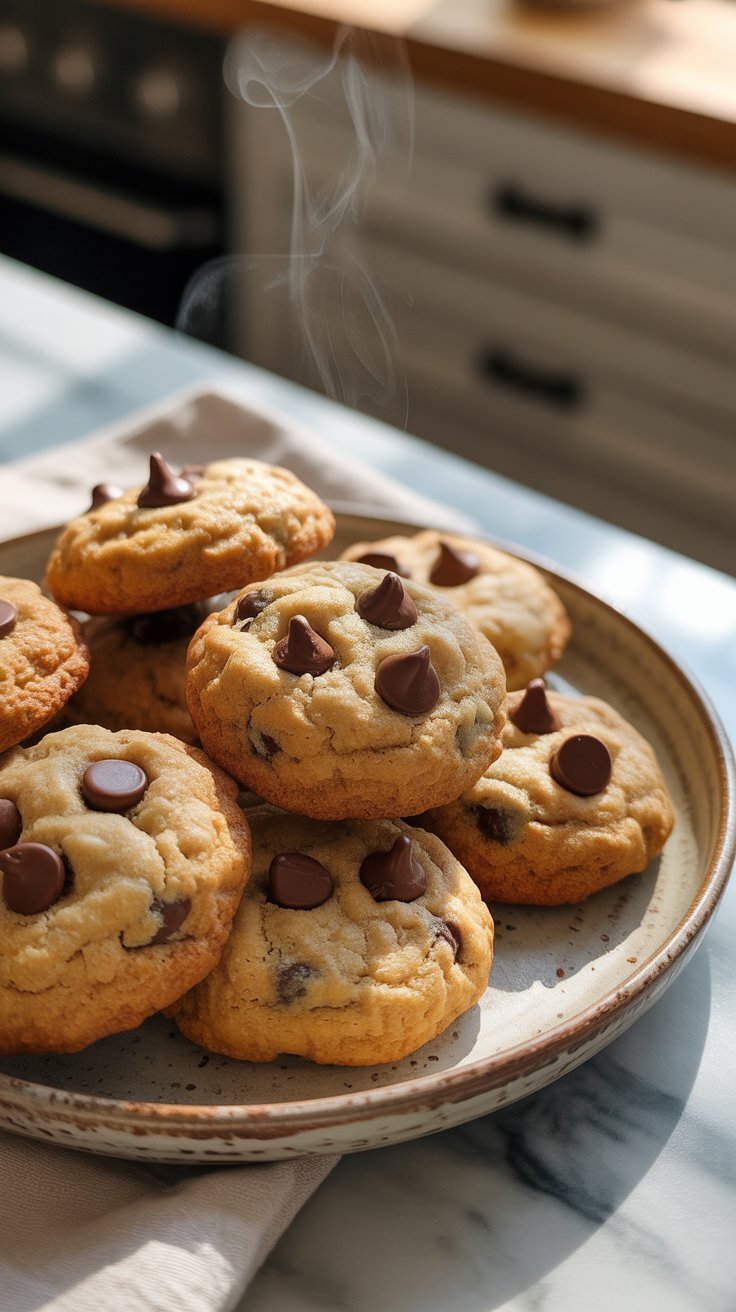 A plate of almond flour chocolate chip cookies fresh from the oven for a keto diet