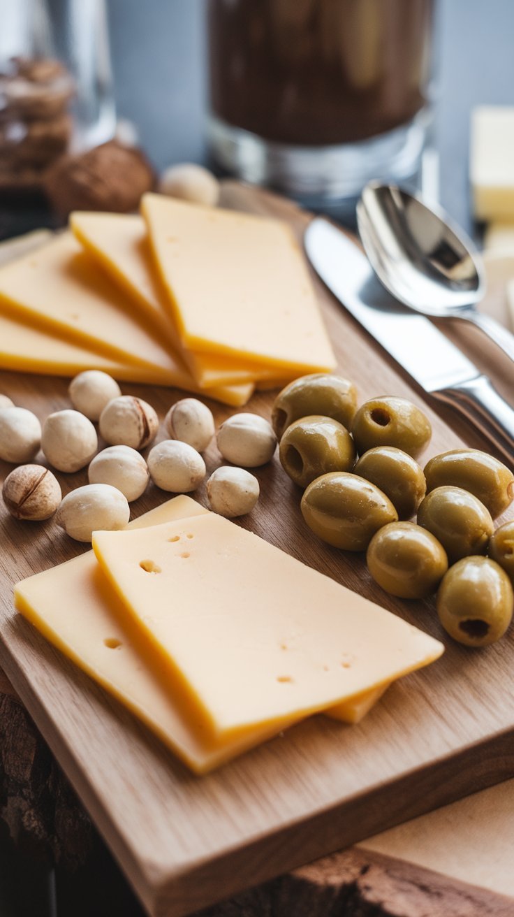 A wooden board displaying cheese slices, macadamia nuts, and green olives for a keto snack