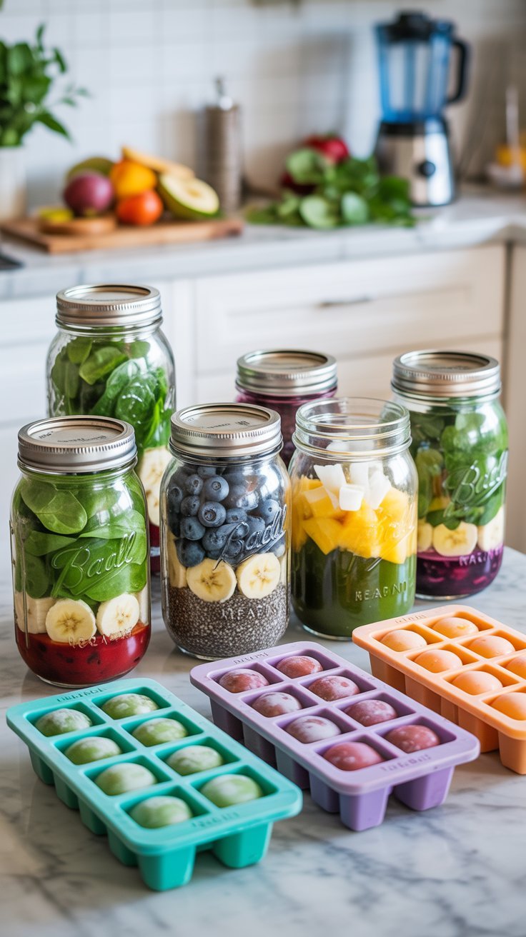 Storing and freezing best healthy smoothie recipes in glass jars and ice trays