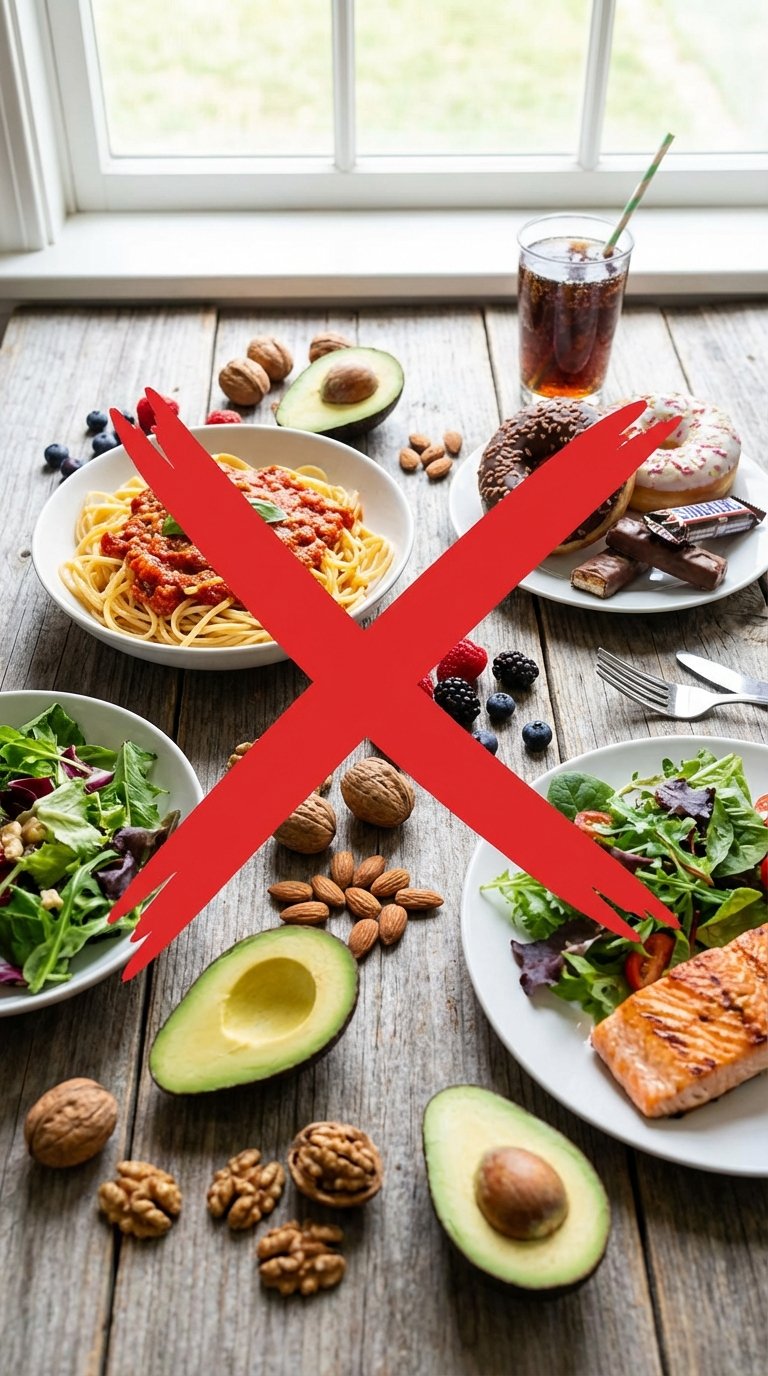 A crossed-out bowl of pasta and sugary snacks representing foods to avoid on a beginner keto diet