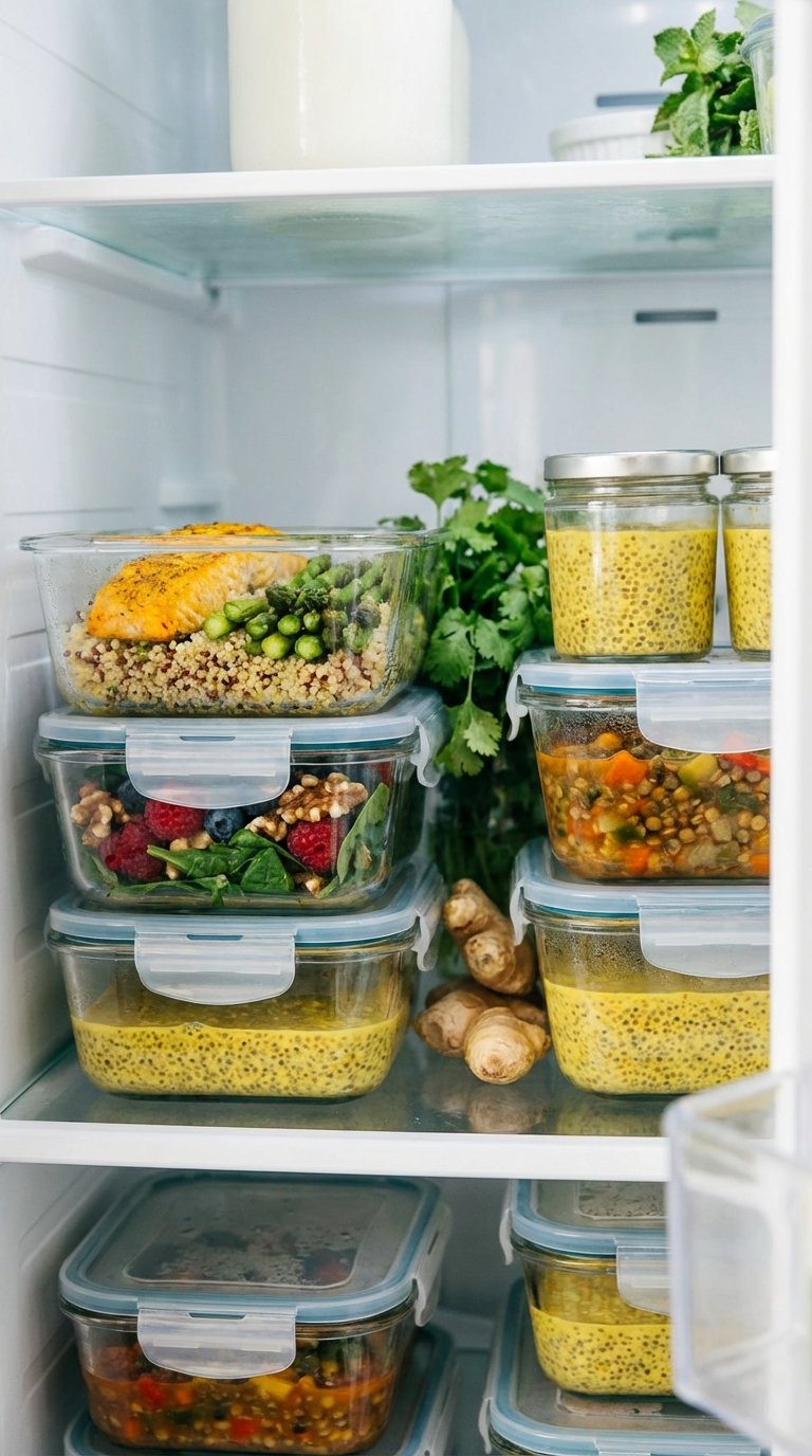 Glass prep containers filled with prepared ant inflammatory meals in a refrigerator