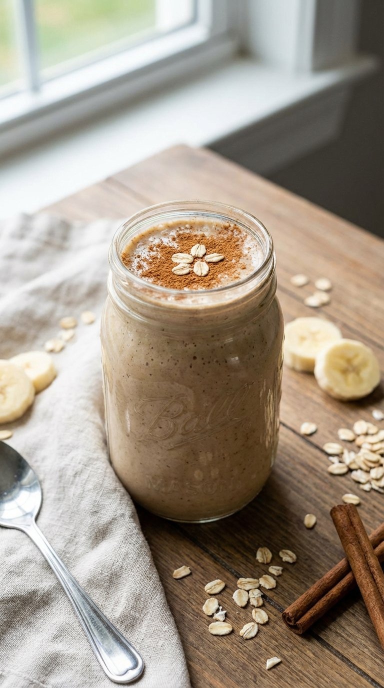 Cinnamon spiced banana oat healthy smoothie recipe sprinkled with cinnamon