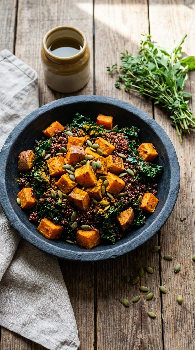 A dark slate bowl filled with roasted ant inflammatory meals like quinoa, kale, and sweet potatoes