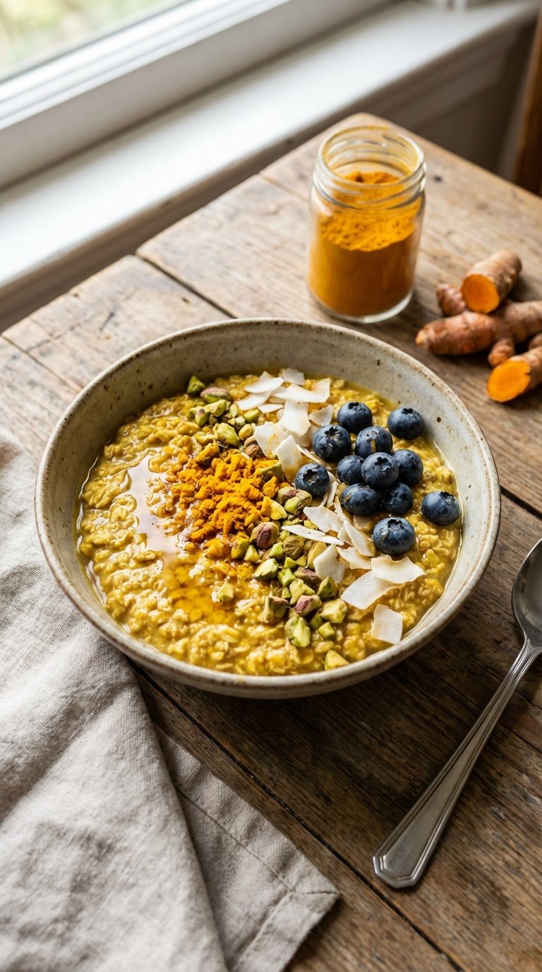 A bowl of golden overnight oats with grated raw spice
