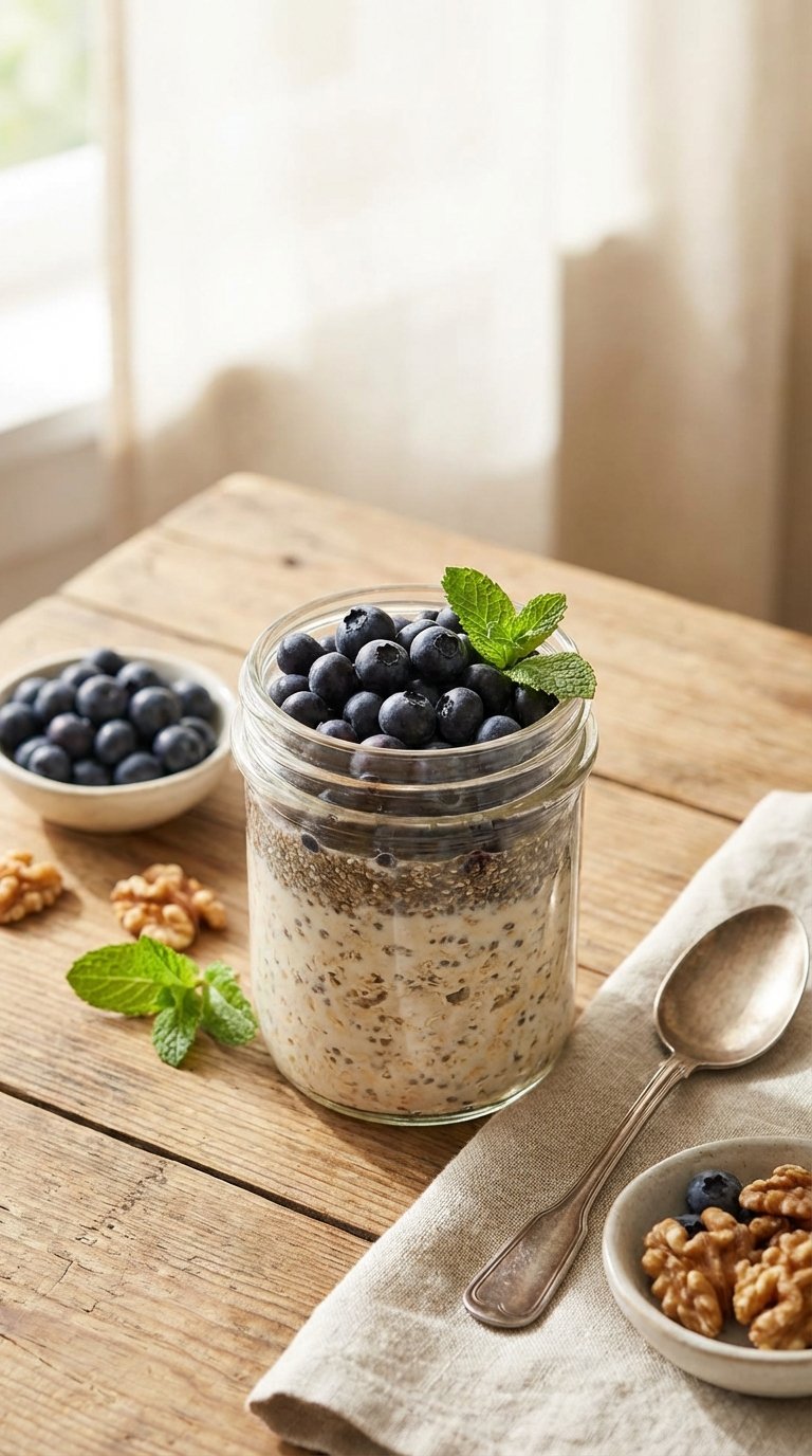 A glass jar containing an oat-based ant inflammatory meal topped with wild blueberries