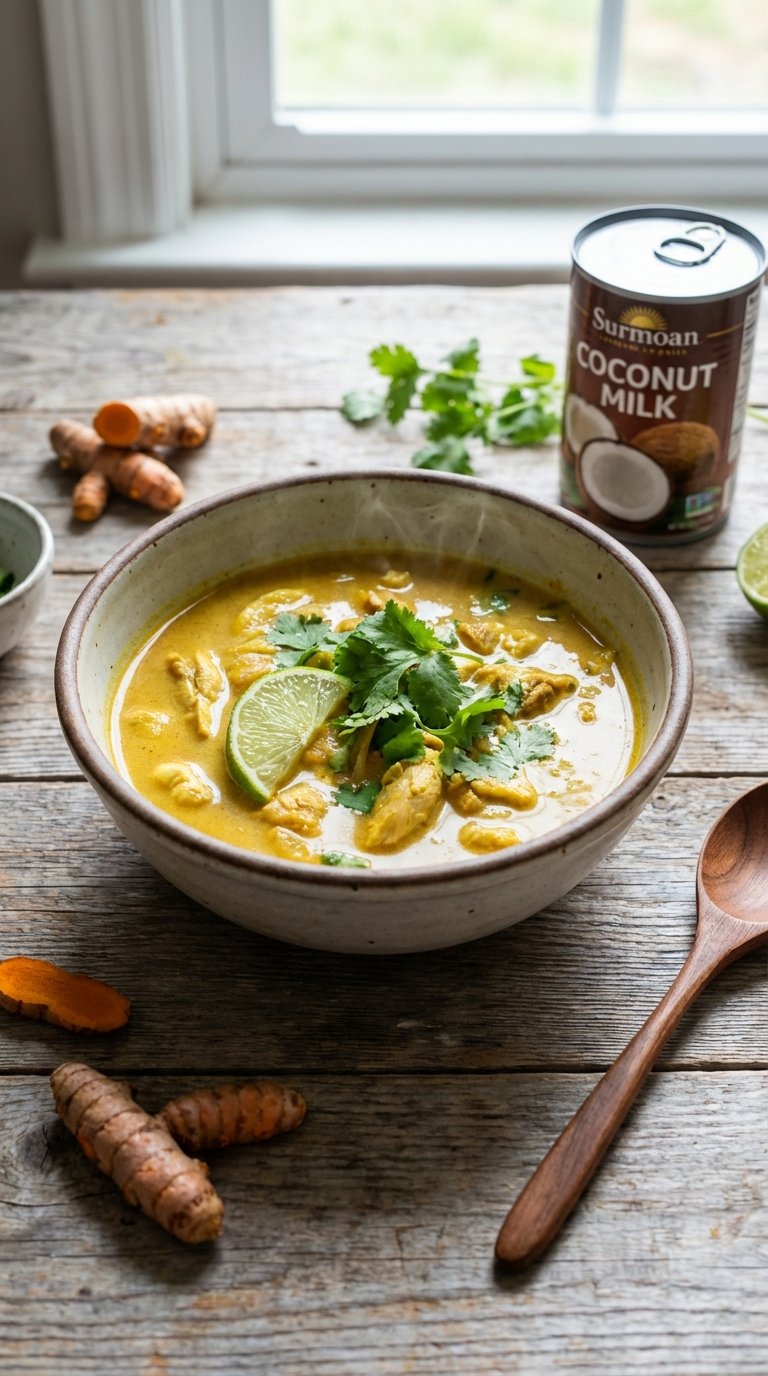 Steaming bowl of golden coconut milk chicken soup
