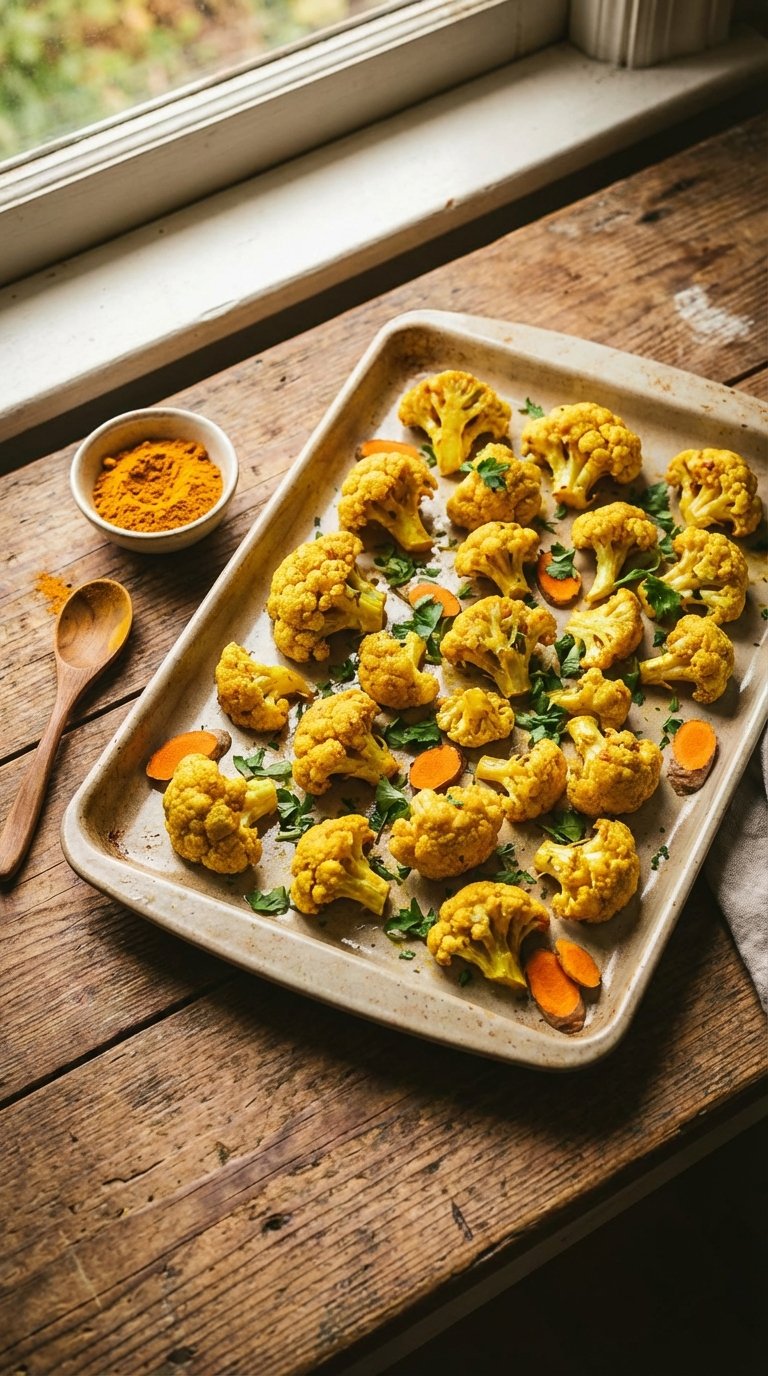 Oven roasted cauliflower florets tossed in olive oil and golden spices