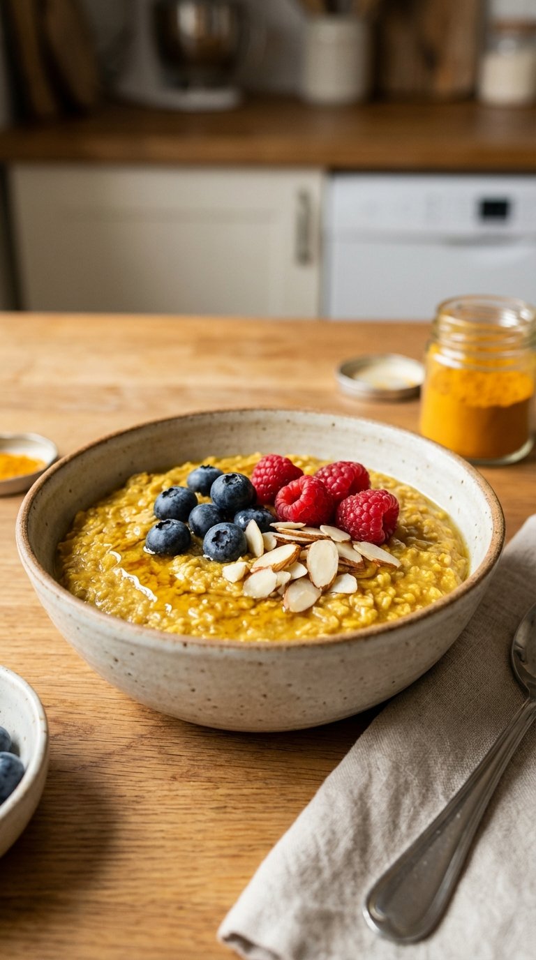 Golden spiced oatmeal, a perfect example of morning turmeric recipes, topped with fresh berries