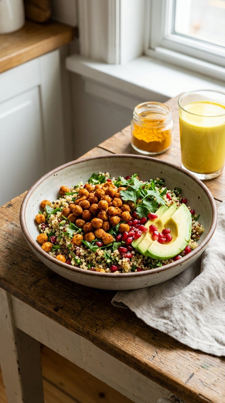 Crispy spiced chickpeas sprinkled over a fresh quinoa salad