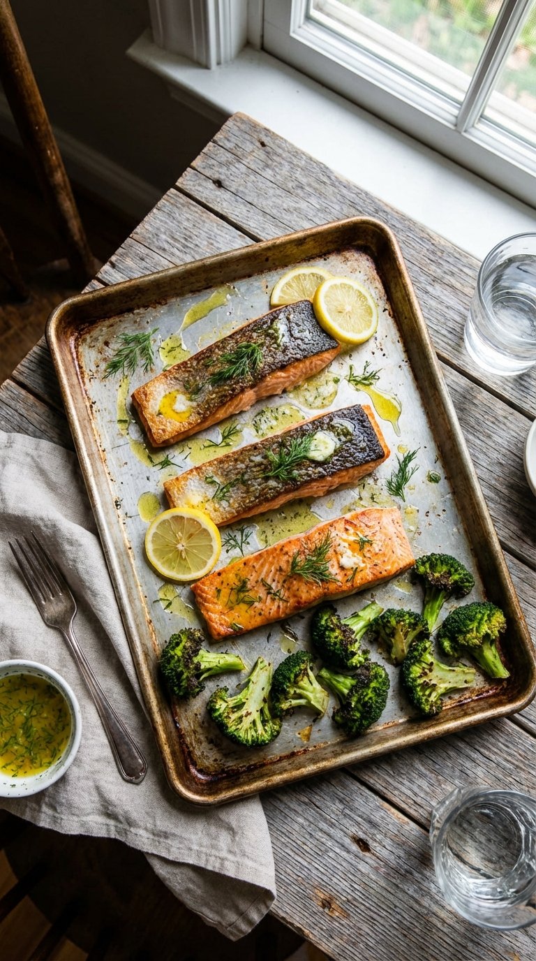 A delicious sheet pan dinner featuring baked salmon fillets and roasted broccoli florets